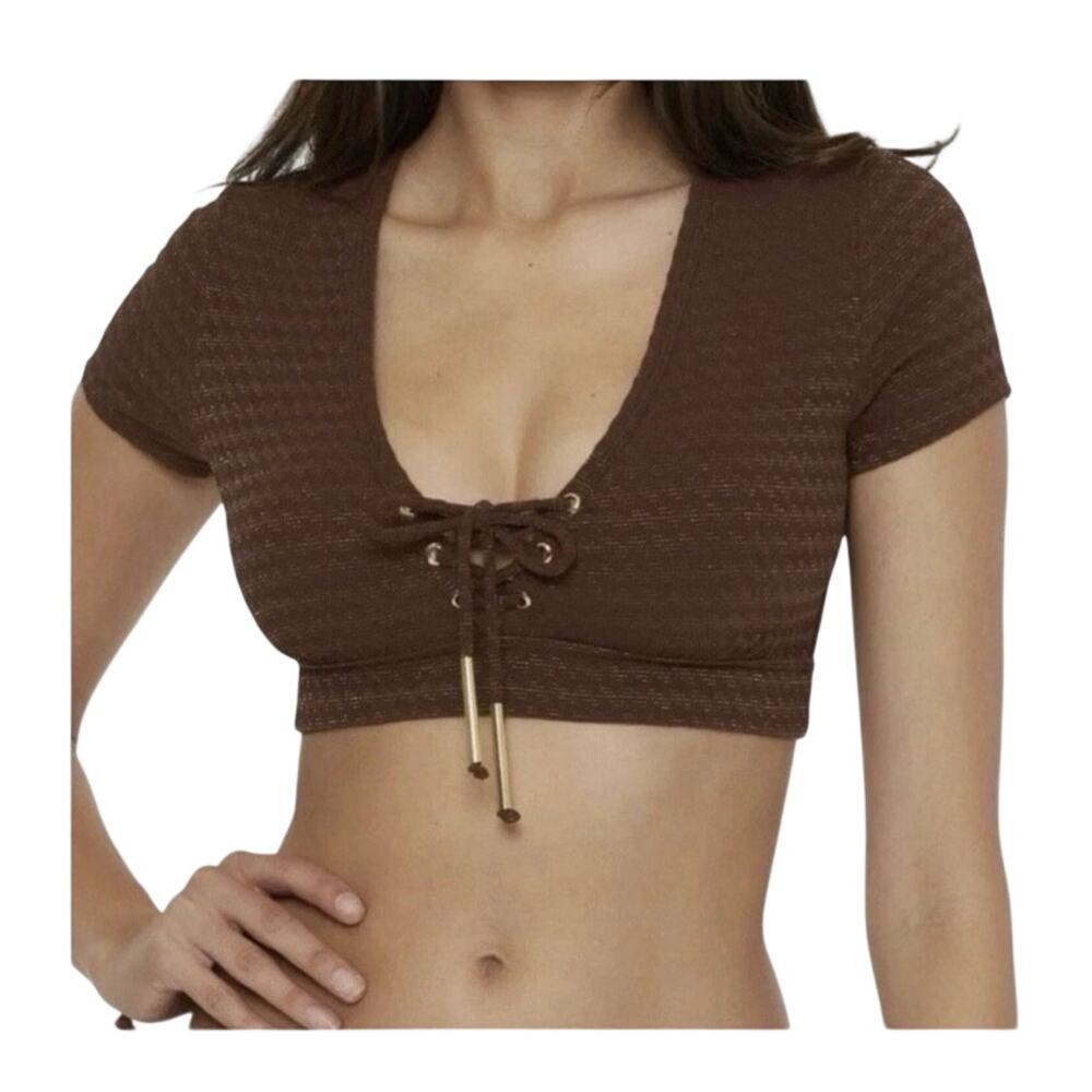 Trina Turk NWT Glimmer Lace-Up Crop Swim Tee Totem Brown Metallic Size 8